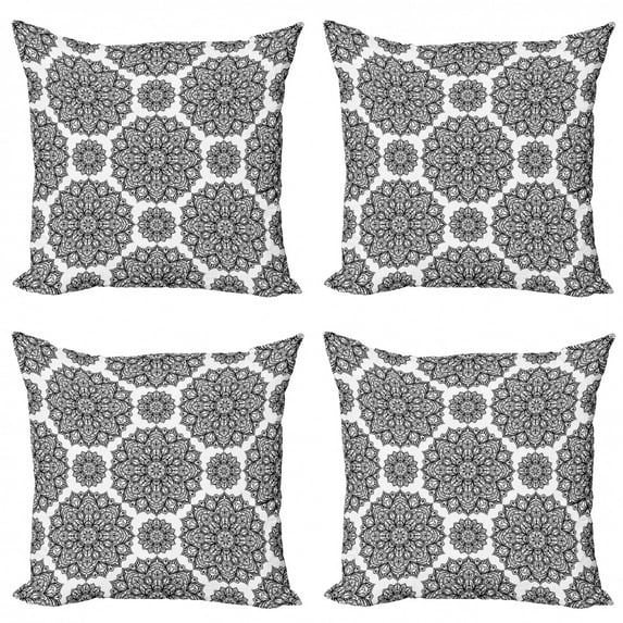 Ambesonne Mandala Throw Pillow Cover 4 Pack, Oriental Mandala Design, 24", Black and White