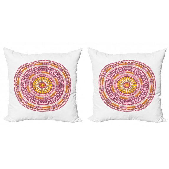 Mandala Throw Pillow Cushion Cover Pack of 2, Abstract Medallion Design Bohemian Graphic, Zippered Double-Side Digital Print, 4 Sizes, Magenta Yellow, by Ambesonne