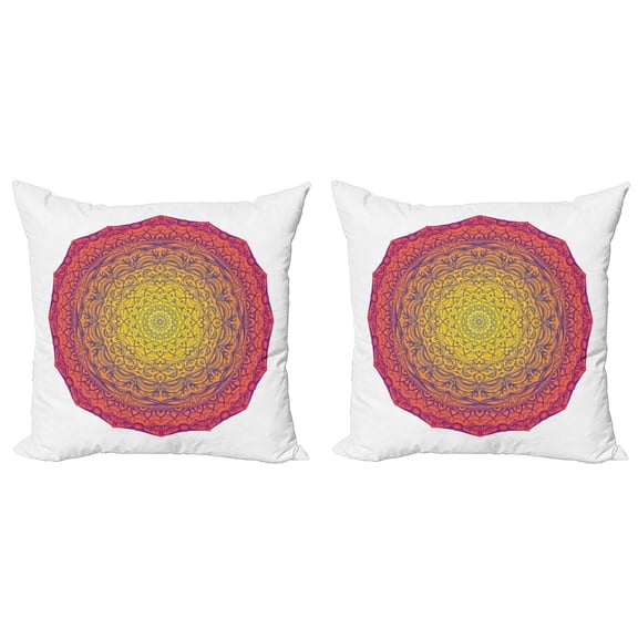 Mandala Throw Pillow Cushion Cover Pack of 2, Alchemy Eastern Cosmos and Medallion Doodle Abstract Folk, Zippered Double-Side Digital Print, 4 Sizes, Dark Coral Yellow, by Ambesonne