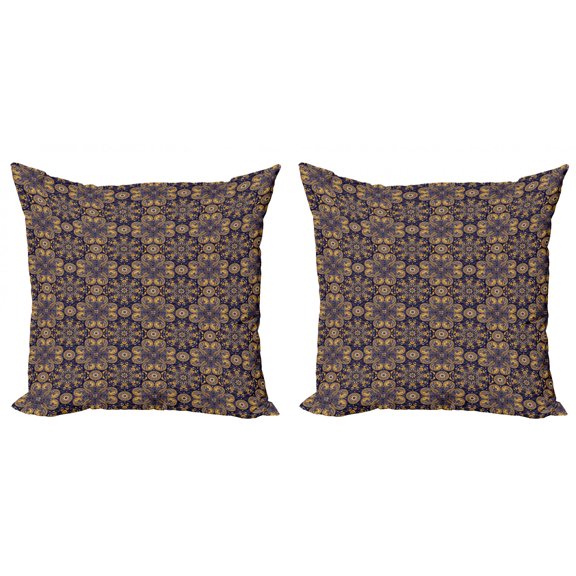 Ambesonne Mandala Throw Pillow Cover 2 Pack, Eastern Abstract Flora, 18", Earth Yellow Indigo