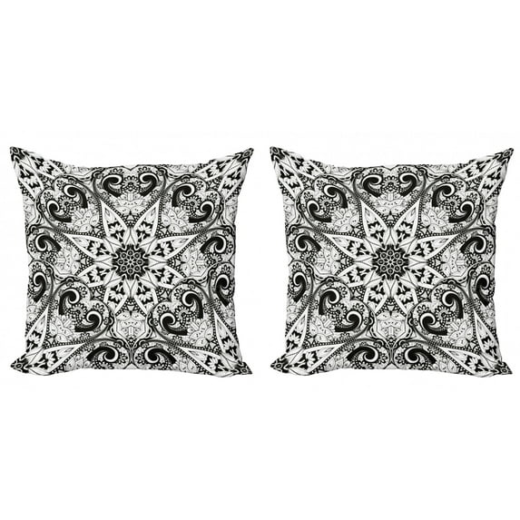 Ambesonne Mandala Throw Pillow Cover 2 Pack, Lace Like Lotus Flower Form, 24", Black White