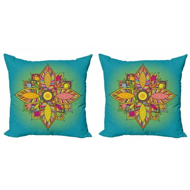 Ambesonne Mandala Throw Pillow Cover 2 Pack, Floral Boho Folk Pattern, 16", Multicolor