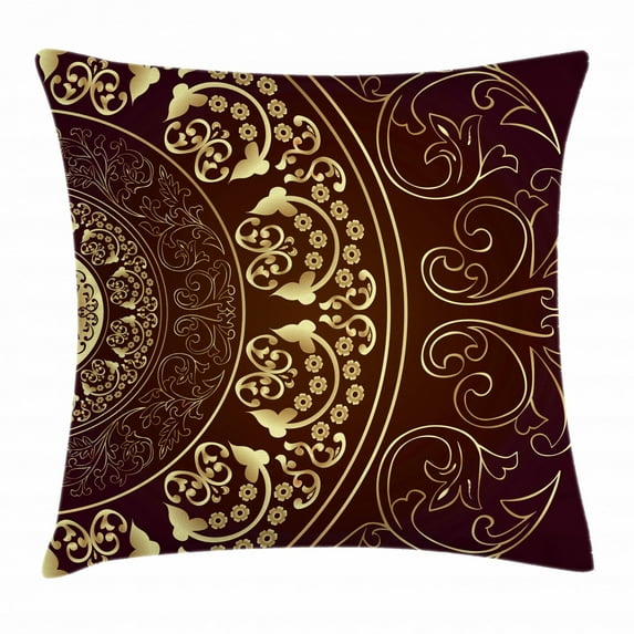 Mandala Throw Pillow Cushion Cover, Vintage Ethnic Asian Spiritual Cosmos Pattern with Swirled Floral Leaves Artwork, Decorative Square Accent Pillow Case, 16 X 16 Inches, Burgundy Gold, by Ambesonne