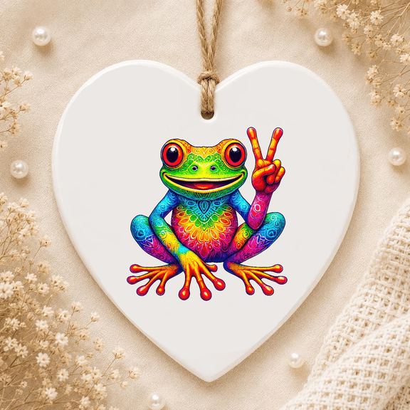 Mandala Tie Dye Frog Peace Sign 2D FLAT HEART Ceramic Ornament