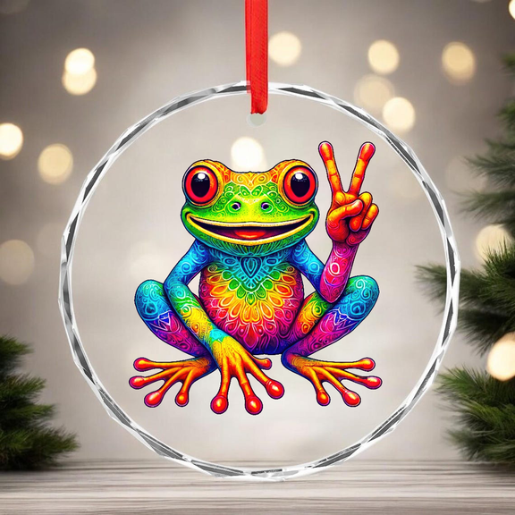 Mandala Tie Dye Frog Peace Sign CIRCLE GLASS ORNAMENT Home Decor