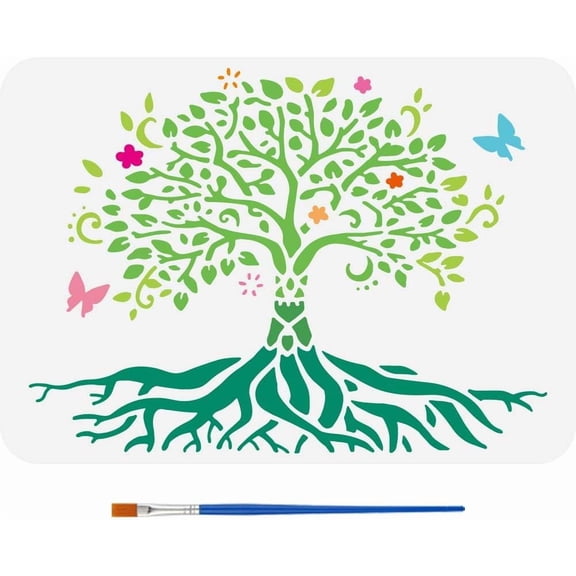 Mandala Tree Drawing Stencil with A Paint Brush 11.7x8.3 inch Tree of Life Painting Template Life Tree Flowers Butterflies Decoration Stencil Wood Wall Fabric Furniture