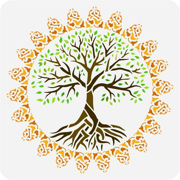 Mandala Tree of Life Stencil 11.8x11.8inch Reusable Washable Painting Stencil Mandala Flower Template Round Flower Tree Pattern Template for Home School Wall Floor Door Decor