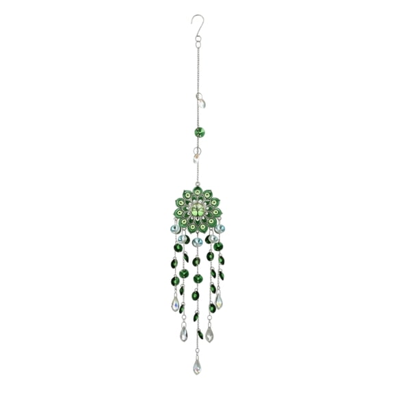 Mandala Tree of Life Sun Catcher with Beaded Strands, Hanging Window Decor for Indoor Outdoor, Creates Rainbow Light Reflections and Gentle Wind Chimes (Green)