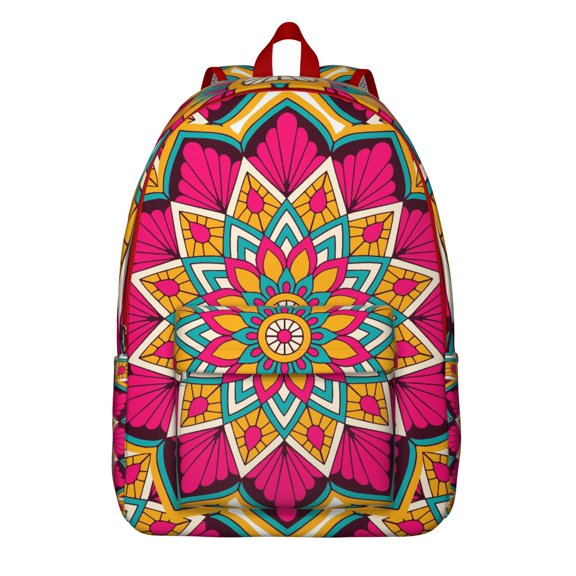 Mandala Tribal Ethnic School Backpack for Women, Boho Folk Style Canvas Daypack with Sacred Symbolic Geometric Pattern for Meditation