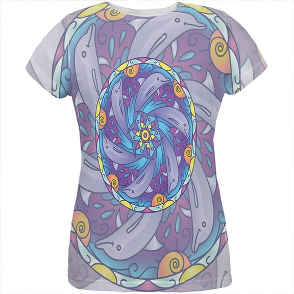 Mandala Trippy Stained Glass Dolphins All Over Womens T Shirt Multi SM