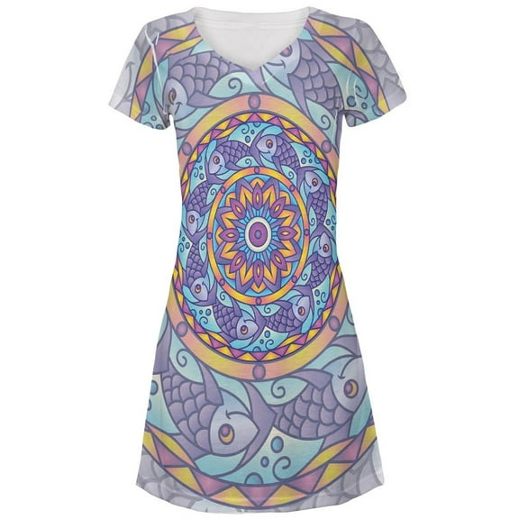 Mandala Trippy Stained Glass Fish All Over Juniors Beach Cover-Up Dress Multi LG