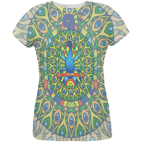 Mandala Trippy Stained Glass Peacock All Over Womens T Shirt Multi X-LG