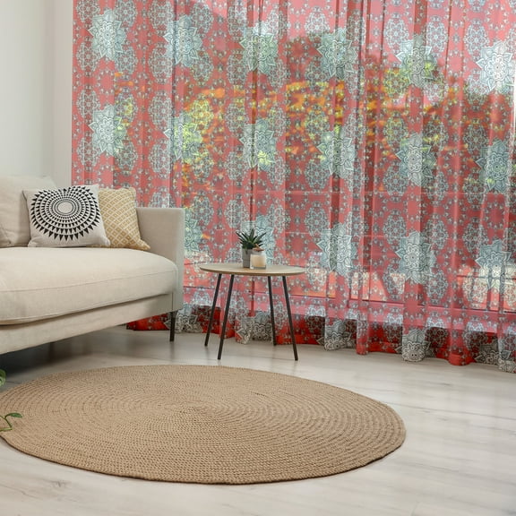 Mandala Tulle Curtains with Rod Pocket, Design Pattern Doodles Mandala Style Flowers Illustration, Sheer Drape for Wedding Party 2 Panels, 7 Sizes, Scarlet White Black, by Ambesonne