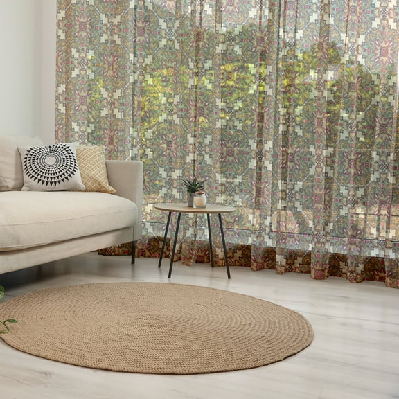 Mandala Tulle Curtains with Rod Pocket, Flowers and Leaves Exotic Wonderland Flourish, Sheer Drape for Wedding Party 2 Panels, 7 Sizes, Pale Orange Dark Coral, by Ambesonne