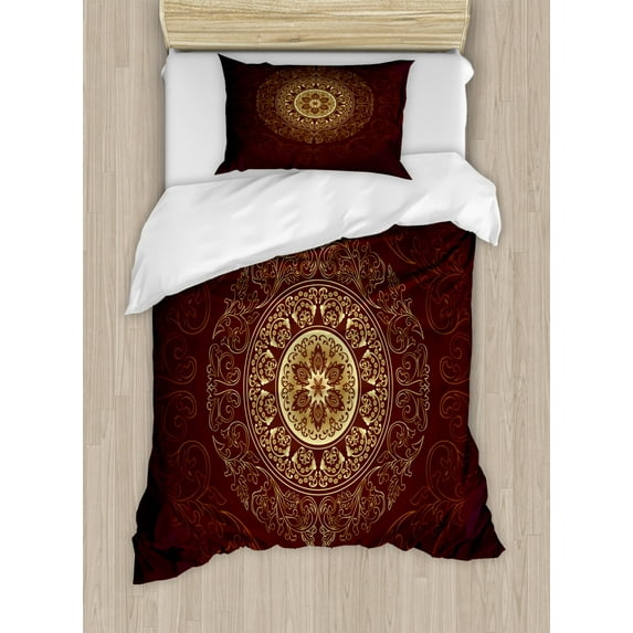 Mandala Twin Size Duvet Cover Set, Ethnic Tribal Universe Asian Spiritiual Culture Vintage Floral Motif, Decorative 2 Piece Bedding Set with 1 Pillow Sham, Chestnut Brown Yellow, by Ambesonne