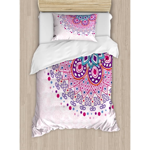 Mandala Twin Size Duvet Cover Set, Indian Ornamental Figure Meditation Spiritual Zen Boho Style Print, Decorative 2 Piece Bedding Set with 1 Pillow Sham, Light Pink Teal Purple, by Ambesonne