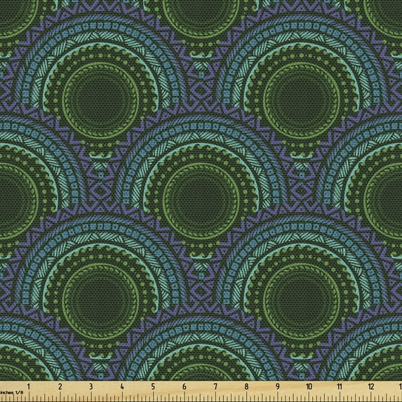 Ambesonne Mandala Fabric by the Yard Upholstery, Rounds Funky Culture Art, 5 Yards, Emerald Teal Purple