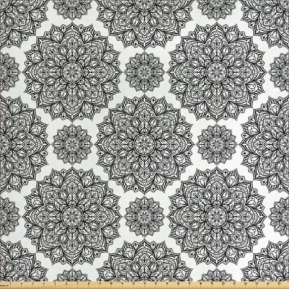 Ambesonne Mandala Fabric by the Yard Upholstery, Oriental Mandala Design, 2 Yards, Black and White