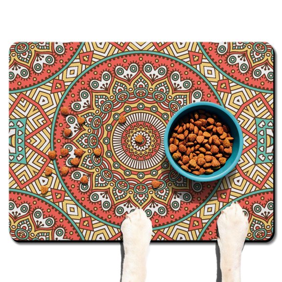 Mandala Vintage Abstract Spiritual Zen Dog Food Mat, Absorbent Waterproof Non-Slip Pet Feeding Mat for Dogs and Cats