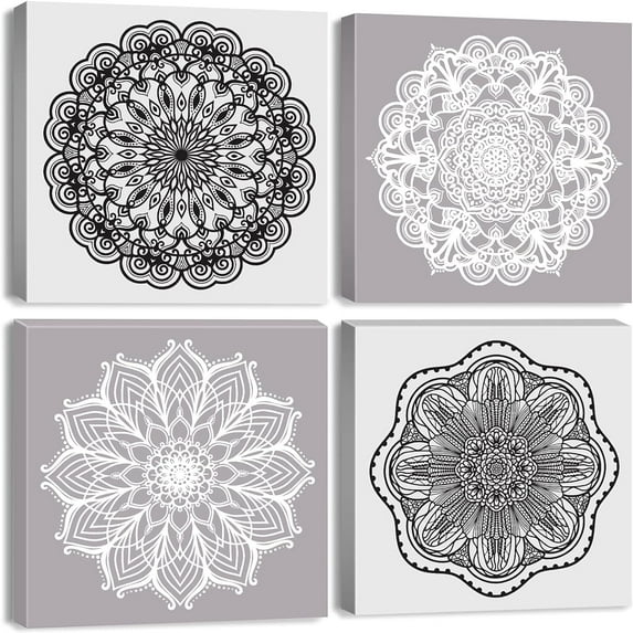 Mandala Wall Art Boho Lotus Flower Canvas Zen Decor 4 Piece Set, Grey Moroccan Prints Picture Spa Bathroom Decoration 12x12" Abstract Black and White Floral Painting Artwork for Living Room Bedroom