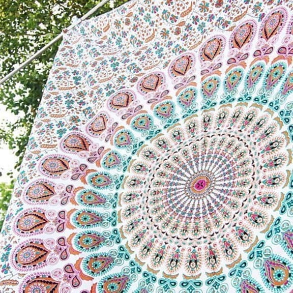 Mandala Wall Tapestry | Bohemian Indian Wall Hanging | Aesthetic Bedroom Decor | Handmade Tapestry | White Pink Tapestry