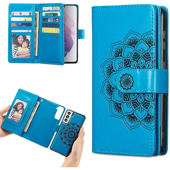 Mandala Wallet Case for Samsung Galaxy S21 5G,Detachable 2 in 1 PU Leather Flip Case with Magnetic Button Lanyard (9Card Slots+3Pockets+1Driver's License Pocket)-Blue