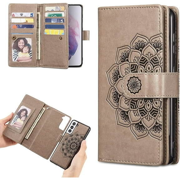 Mandala Wallet Case for Samsung Galaxy S21 Ultra 5G,Detachable 2 in 1 PU Leather Flip Case with Magnetic Button Lanyard (9Card Slots+3Pockets+1Driver's License Pocket)-Grey