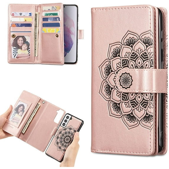 Mandala Wallet Case for Samsung Galaxy S21 Ultra 5G,Detachable 2 in 1 PU Leather Flip Case with Magnetic Button Lanyard (9Card Slots+3Pockets+1Driver's License Pocket)-Rose Gold