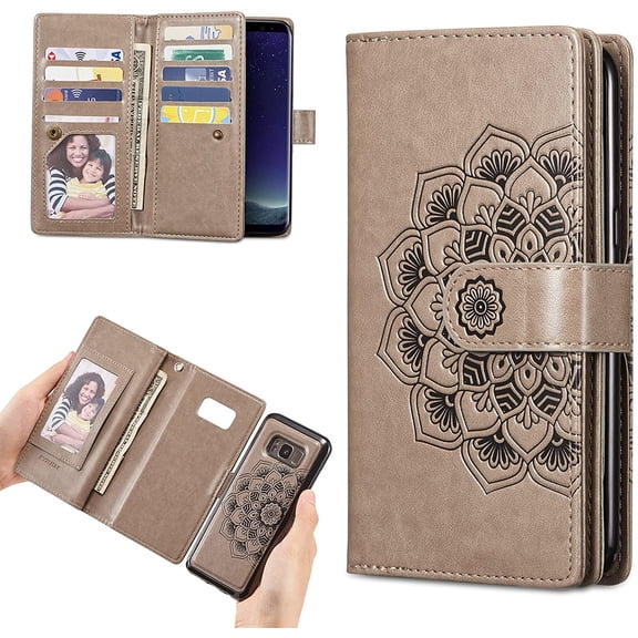 Mandala Wallet Case for Samsung Galaxy S8 Plus,Detachable 2 in 1 PU Leather Flip Case with Magnetic Button Lanyard (9Card Slots+3Pockets+1Driver's License Pocket)-Grey