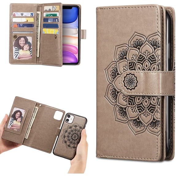 Mandala Wallet Case for iPhone11 6.1,Detachable 2 in 1 PU Leather Flip Case with Magnetic Button Lanyard (9Card Slots+3Pockets+1Driver's License Pocket)-Grey
