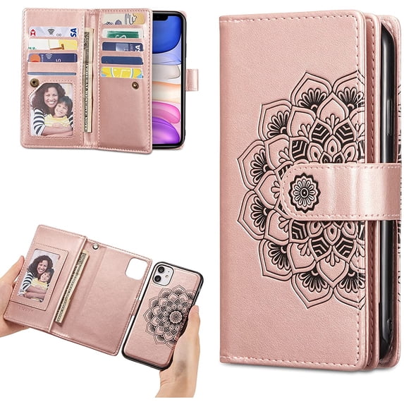 Mandala Wallet Case for iPhone11 6.1,Detachable 2 in 1 PU Leather Flip Case with Magnetic Button Lanyard (9Card Slots+3Pockets+1Driver's License Pocket)-Rose Gold