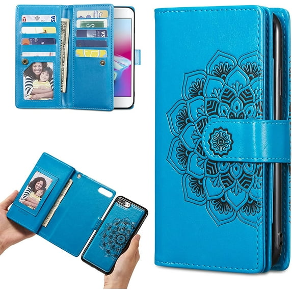 Mandala Wallet Case for iPhone7 Plus iPhone8 Plus,Detachable 2 in 1 PU Leather Flip Case with Magnetic Button Lanyard (9Card Slots+3Pockets+1Driver's License Pocket)-Blue