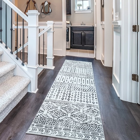 Mandala Washable Runner Rug 2x6 for Hallways, Bedrooms, and Floor - Durable Non Slip 2 x 6 Rug Runners Polyester Material Modern Home Rugs for Farmhouse, Living Room & Kitchen - White & Grey