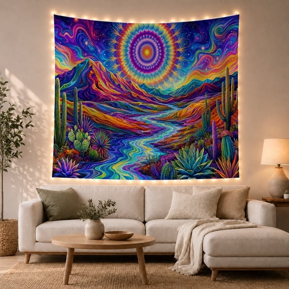 Mandala Over a Winding River Among Cacti and Purple Mountains, Dreamy Psychedelic for Art Lovers, Desert Art, Housewarming Gift, Tapestry Wall Hanging for Bedroom and Studio