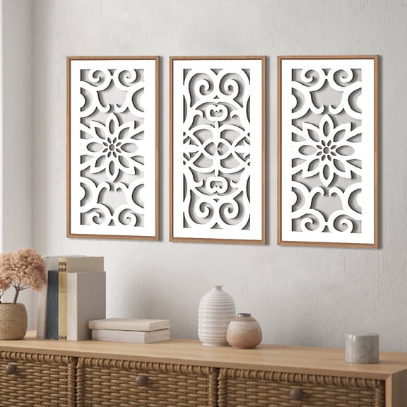 Mandala Wooden Wall Art Boho White Flower Framed Wall Decor Modern Abstract Wall Sculpture Set of 3 for Bedroom Living Room Office 8x16In
