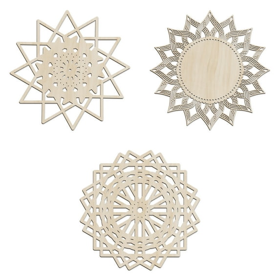 Mandala Wooden Wall Art Set of 3, Sun Symmetry Balance Theme Nostalgia Motive, Birch Plywood Rustic Wall Art Accent for Hallway Bedroom Living Room and Offices, 11.4" X 11.4" X 0.1", by Ambesonne