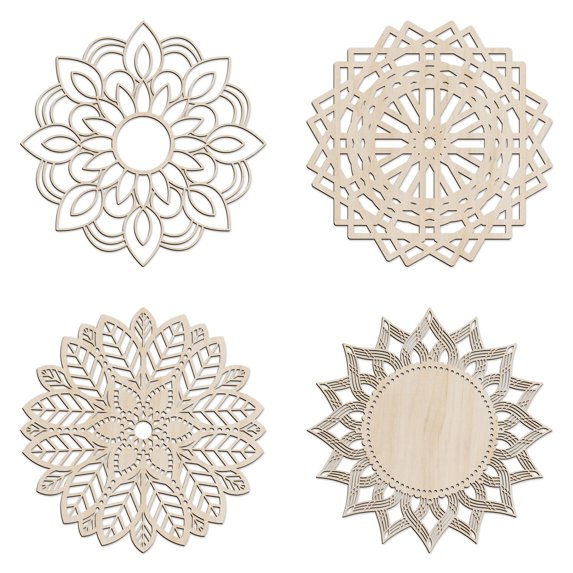 Mandala Wooden Wall Art Set of 4, Culture Themed Lattice Lines Medallion, Birch Plywood Rustic Wall Art Accent for Hallway Bedroom Living Room and Offices, 11.4" X 11.4" X 0.1", by Ambesonne