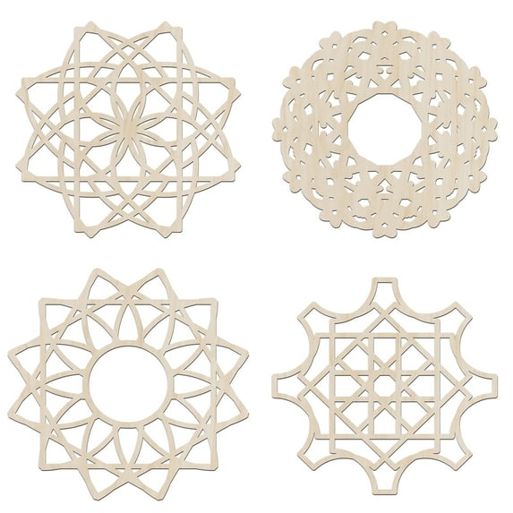 Mandala Wooden Wall Art Set of 4, Exotic Relic Themed Striped Historic Ornate, Birch Plywood Rustic Wall Art Accent for Hallway Bedroom Living Room and Offices, 11,4" X 11,4" X 0.1", by Ambesonne