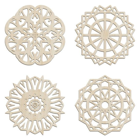 Mandala Wooden Wall Art Set of 4, Floral Energy Ornament Medallion Orient, Birch Plywood Rustic Wall Art Accent for Hallway Bedroom Living Room and Offices, 11.4" X 11.4" X 0.1", by Ambesonne