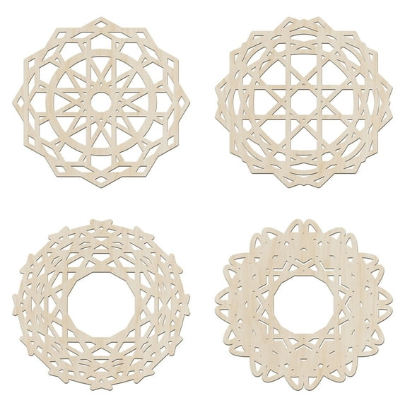 Mandala Wooden Wall Art Set of 4, Trellis Mesh Floral Oriental Ethnic Art, Birch Plywood Rustic Wall Art Accent for Hallway Bedroom Living Room and Offices, 11,4" X 11,4" X 0.1", by Ambesonne