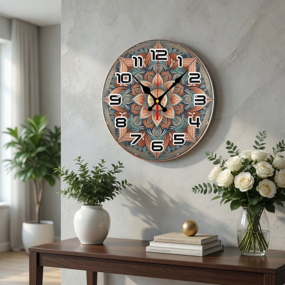 Mandala Wooden Wall Clock, Round Mdf Wall Clock Decor, Boho Floral Geometric Wall Art, Vintage Zen Home Decor