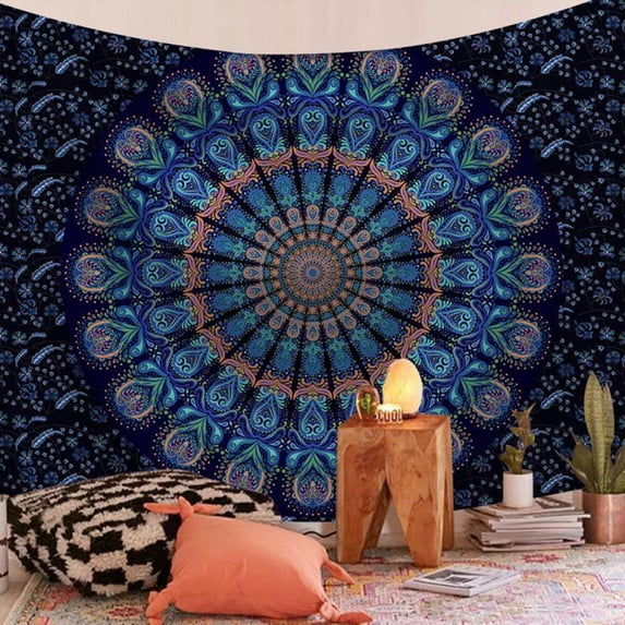 Mandala Wreath Design Linen Tapestry, Flower Floral Medallion Peacock Bohemian Hippie Wall Tapestry, Vintage Simplicity Wall Hanging Decor for Rooms