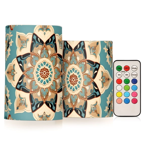 Mandala and Boho Pattern Flameless CandlesLED Lights Battery Operated Candles with Remote and Timers Flicker Lights Votive Set of 2
