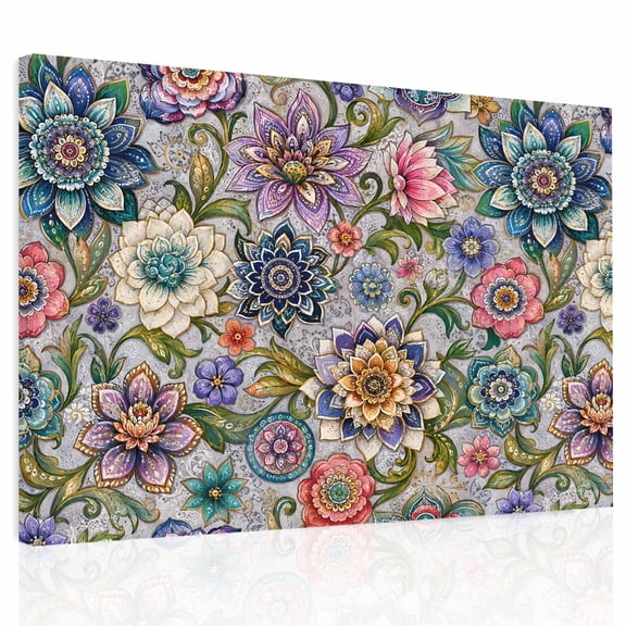 Mandalas Floral Canvas Print Wall Art Vintage Concentric Ornate Stylized Petals Rustic Wall Decor Modern Artwork Paintings Pictures for Living Room Stretched and Framed Ready to Hang - 12" x 16"