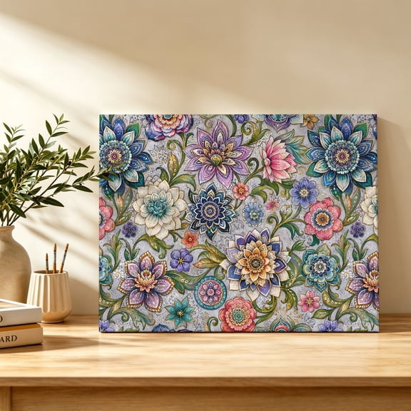 Mandalas Floral Canvas Wall Art, Vintage Concentric Ornate Stylized Petals Rustic Wall Art Prints Artwork Framed Canvas Ready to Hang Art Pictures for Bedroom Living Room Closet Kitchen 16" x 12"