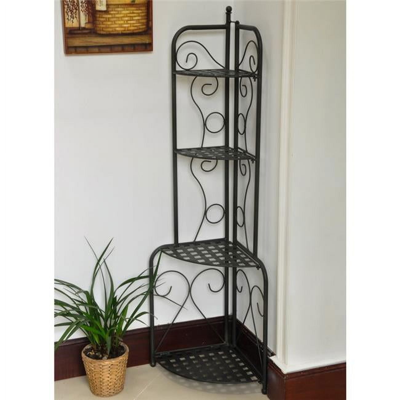 Antique Black Iron Folding Corner Baker's Rack with Scrollwork