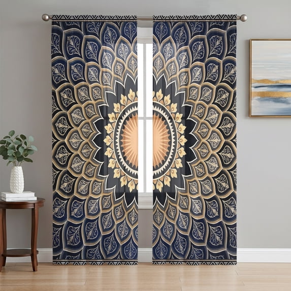 Mandalic Floral Sheer Curtains 84 Inch Length 2 Panels Set, Vintage Blue Boho Abstract Petal Layers Voile Window Treatment Rod Pocket Curtains Sheers Drapes for Bedroom/Living Room/Kitchen 52"x84"x2