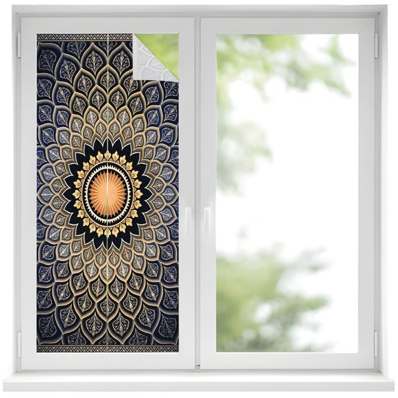 Mandalic Floral Window Privacy Film, Abstract Yellow Purple Petal Layers Boho Frosted Glass Window Clings Static Cling UV Heat Blocking Reusable Door Sticker for Bathroom 19.6 x 39.3 Inch