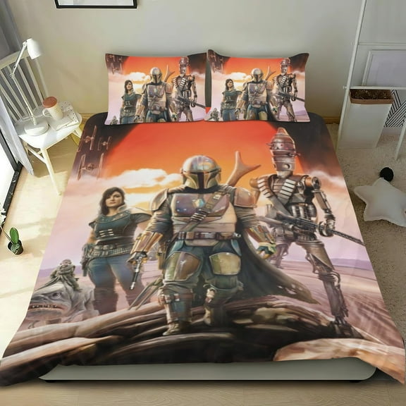 The Mandalorian Themed Bed Sheet Set Three Piece Set 53x79 In ches Comfortable And Skin Friendly Unique Design Creating A Star Studded Night Home Decor Gifts For Family Friends fans