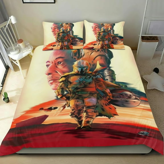 The Mandalorian Themed Bed Sheet Set Three Piece Set 53x79 In ches Comfortable And Skin Friendly Unique Design Creating A Star Studded Night Home Decor Gifts For Family Friends fans